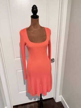 Coral Ribbed Knit Dress Long Sleeve Bodycon Mini Flare Hem Size S